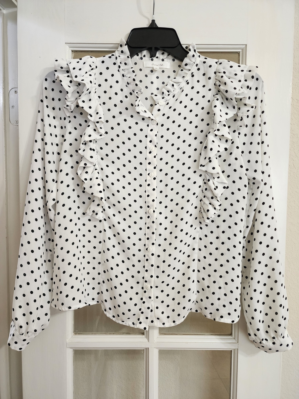 Active USA Polka Dot Ruffle Blouse Coquette Mock Neck Top Medium